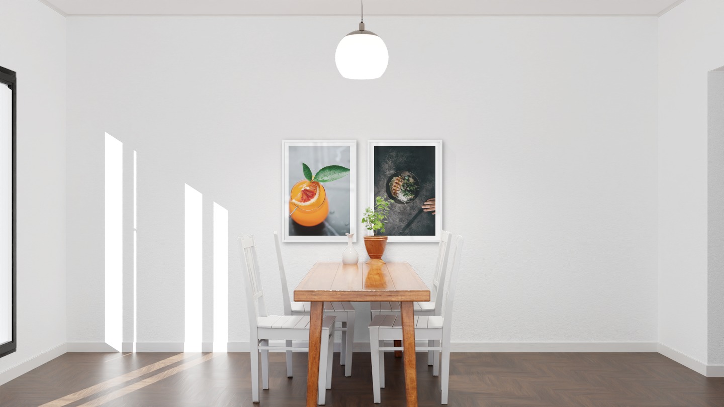 Tavelvägg med ramar i vitt i storlekar 50x70 med posters med "Orange drink" och "Bowl"