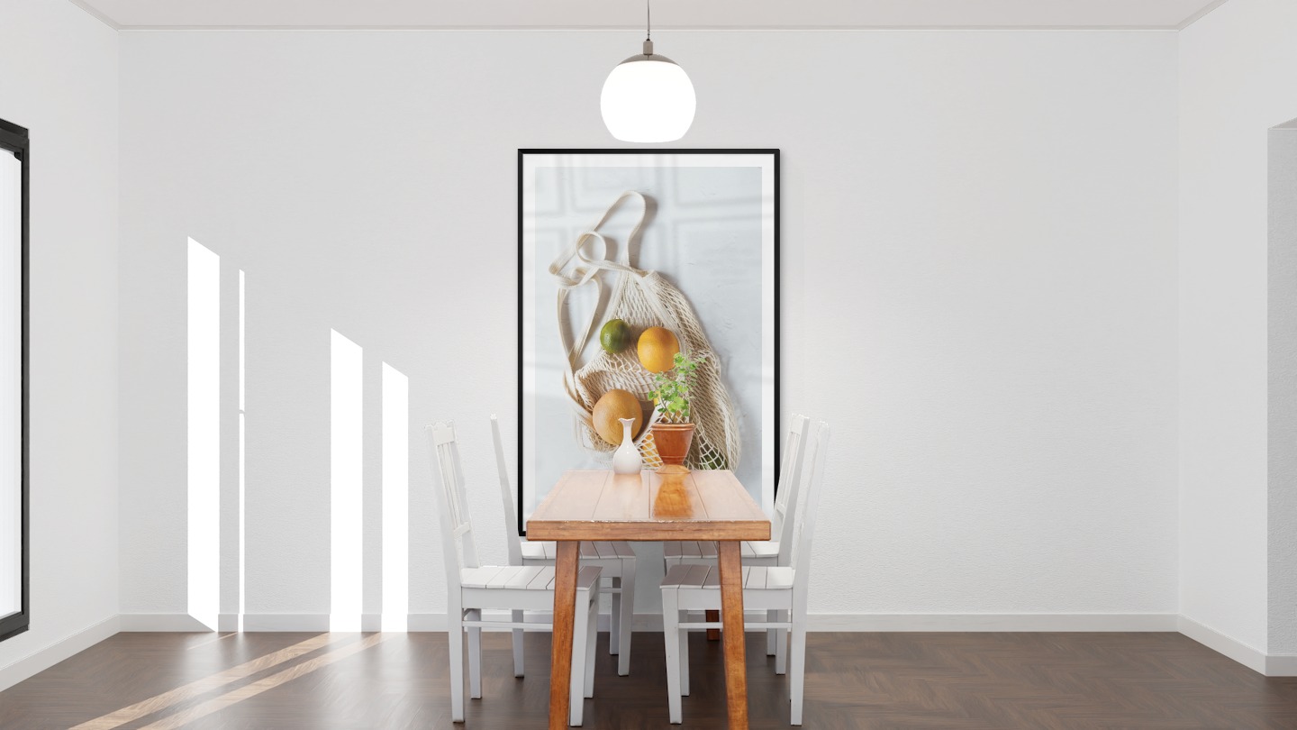 Tavelvägg med ram i svart i storlek 100x150 med poster med "Frukt i påse"