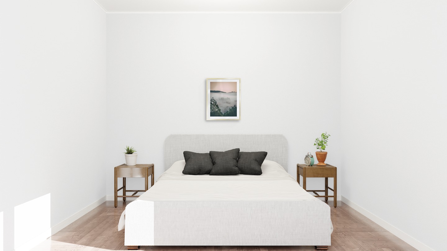 Tavelvägg med ram i guld i storlek 40x50 med poster med "Trätoppar och orange himmel"